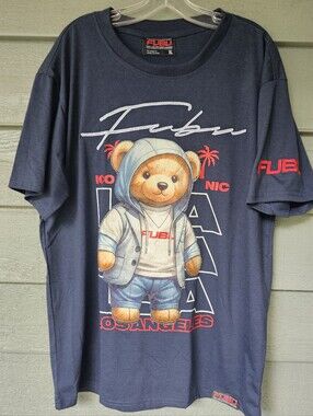 FUBU Los Angeles Iconic Teddy Bear Graphic Navy Blue Tee with Red Logo Size XL